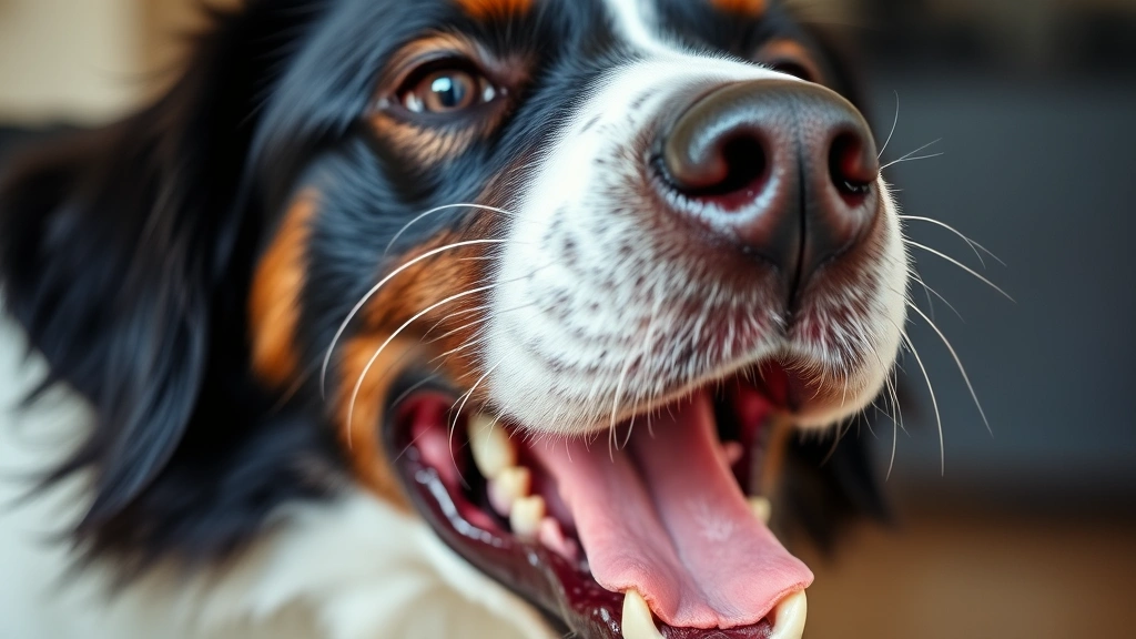 Close-up of a dog's face with mouth open, panting heavily, showing clear respiratory effort and stress response