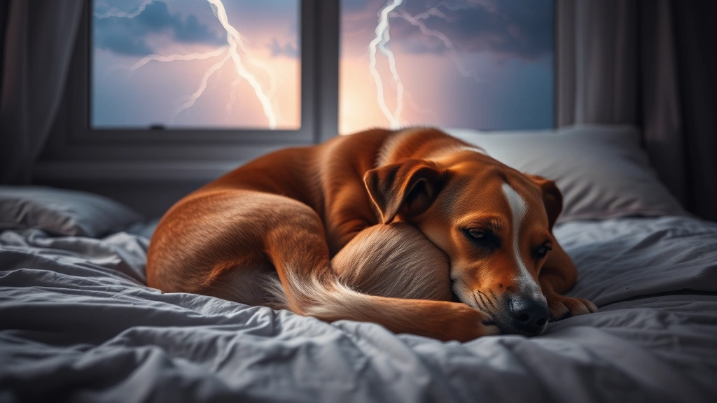 A anxious dog curled up on a bed during a thunderstorm, body tense and shaking, with dramatic storm lighting visible through a window