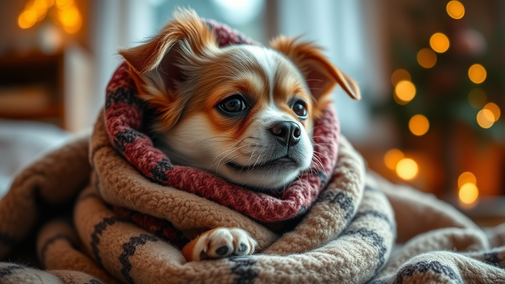 Small dog wrapped in cozy blanket shivering indoors warm lighting no text no words no letters
