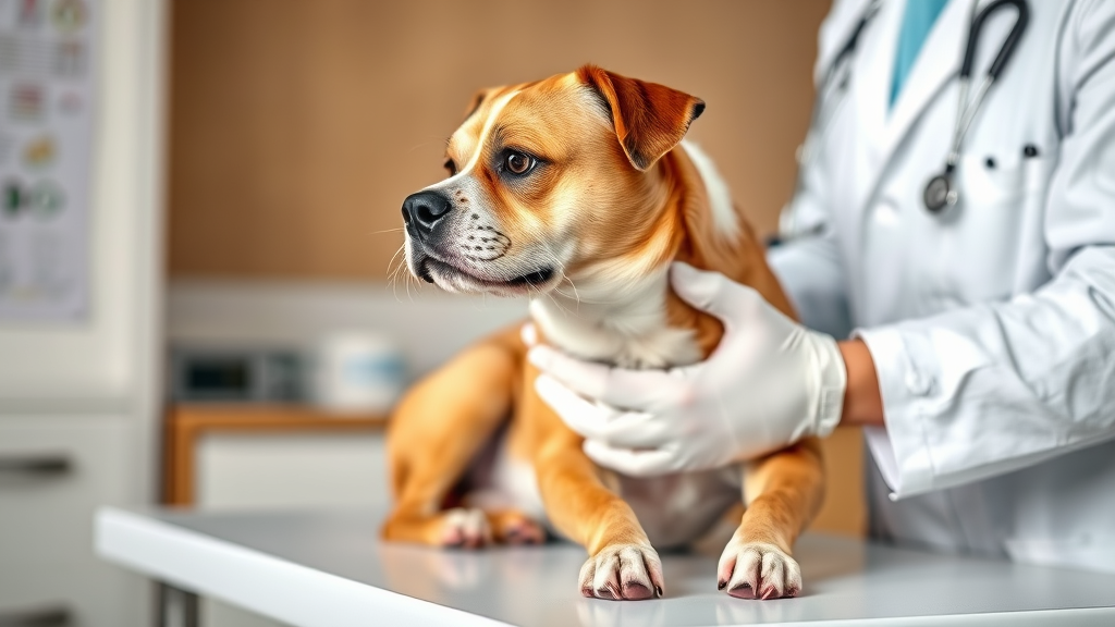 Veterinarian examining trembling dog on examination table professional setting no text no words no letters