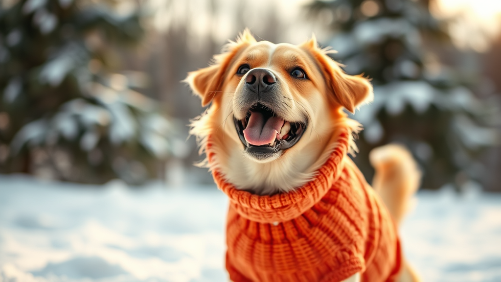 Happy dog wearing warm sweater playing outside winter scene no text no words no letters