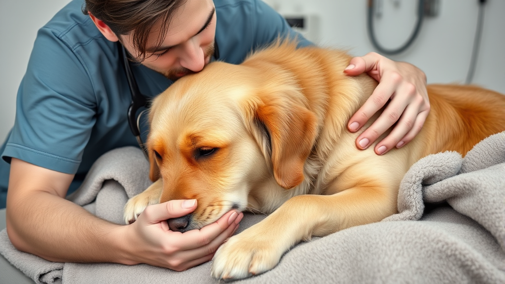 Concerned dog owner comforting sick golden retriever lying on soft blanket, veterinary care setting, no text no words no letters