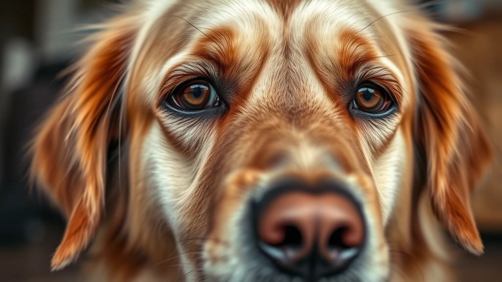 Close-up of a concerned golden retriever's face with soft brown eyes, showing worry or discomfort, realistic photographic style, natural lighting, indoor setting