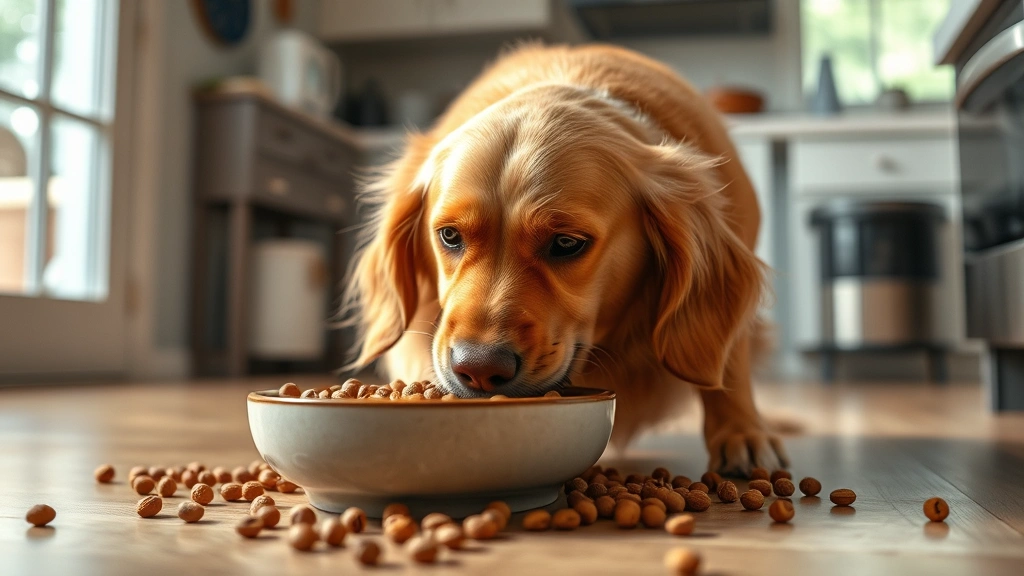 Golden Retriever eating quickly from a ceramic bowl, kibble scattered, eager expression, indoor kitchen setting with natural light