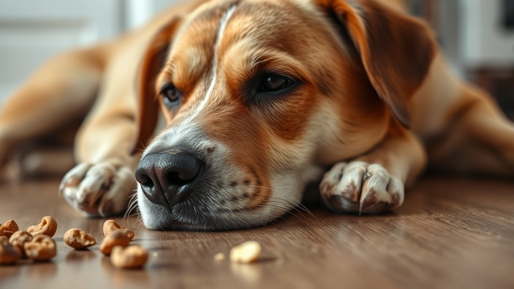 Close-up of dog's face showing discomfort, lying on wooden floor near spilled food, concerned body language, soft lighting