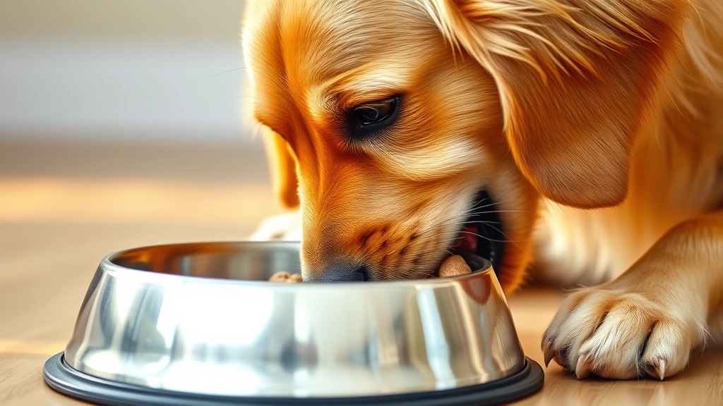 Golden retriever eating quickly from a stainless steel bowl, kibble visible in mouth, focused expression, warm natural lighting