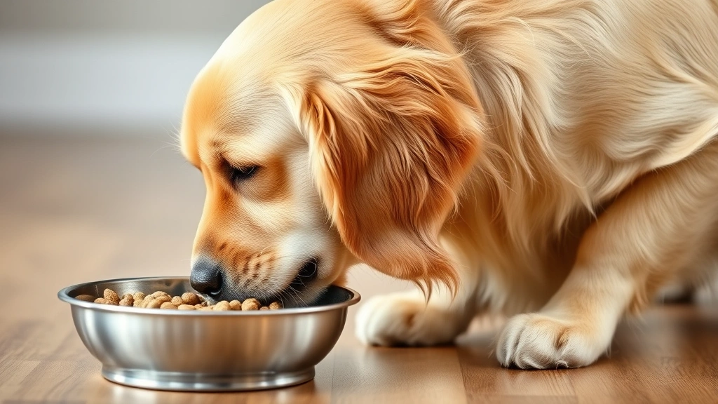 Golden retriever eating quickly from a bowl with kibble visible, side profile view, natural lighting, realistic photograph