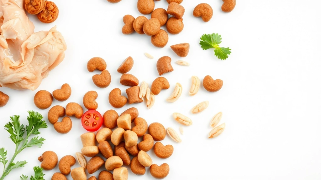 Close-up of various dog food types and ingredients on a white surface, including chicken, rice, and vegetables, photorealistic