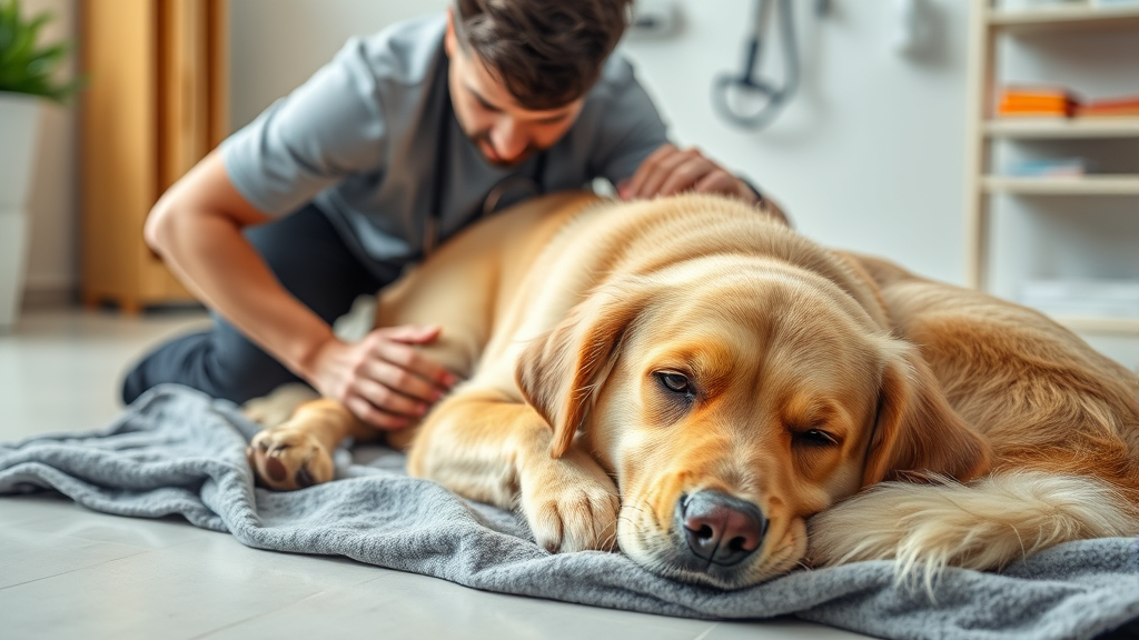Concerned dog owner comforting sick golden retriever lying on blanket indoors, veterinary care setting, no text no words no letters