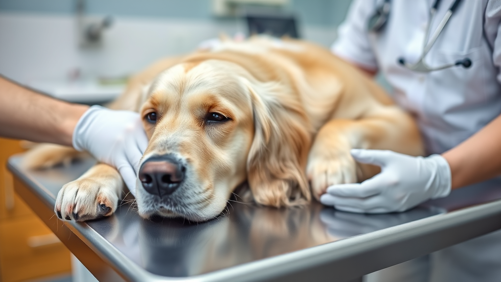 Golden retriever looking unwell lying on veterinary examination table with caring veterinarian, no text no words no letters