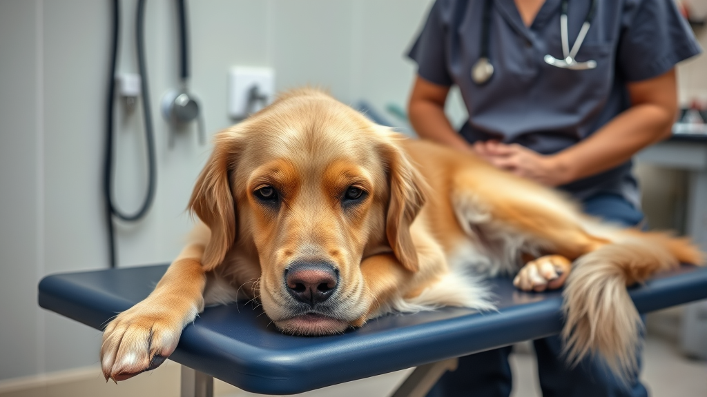 Golden retriever looking unwell lying on veterinary examination table with concerned owner nearby, no text no words no letters