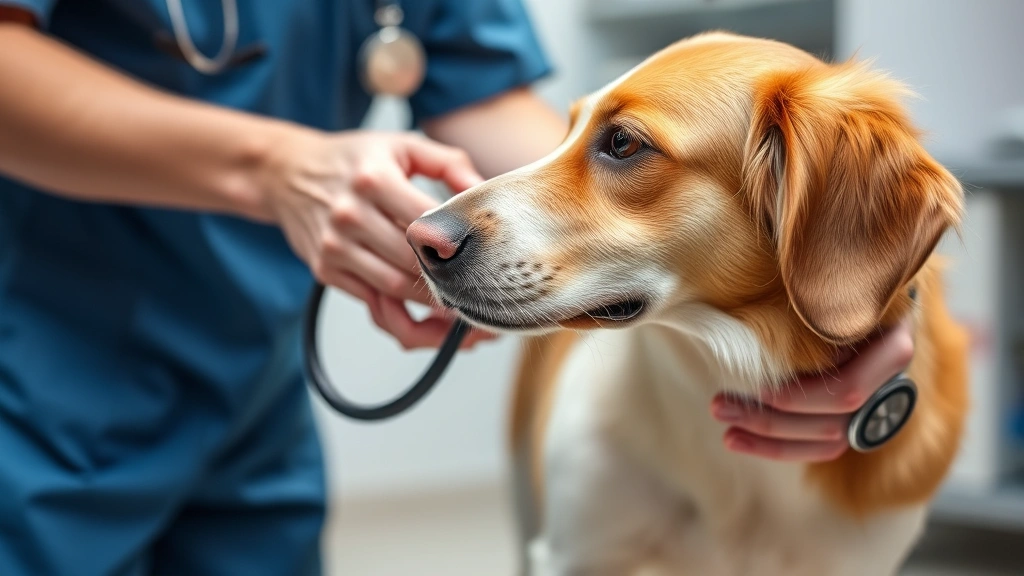 Veterinarian examining dog's chest with stethoscope during medical checkup