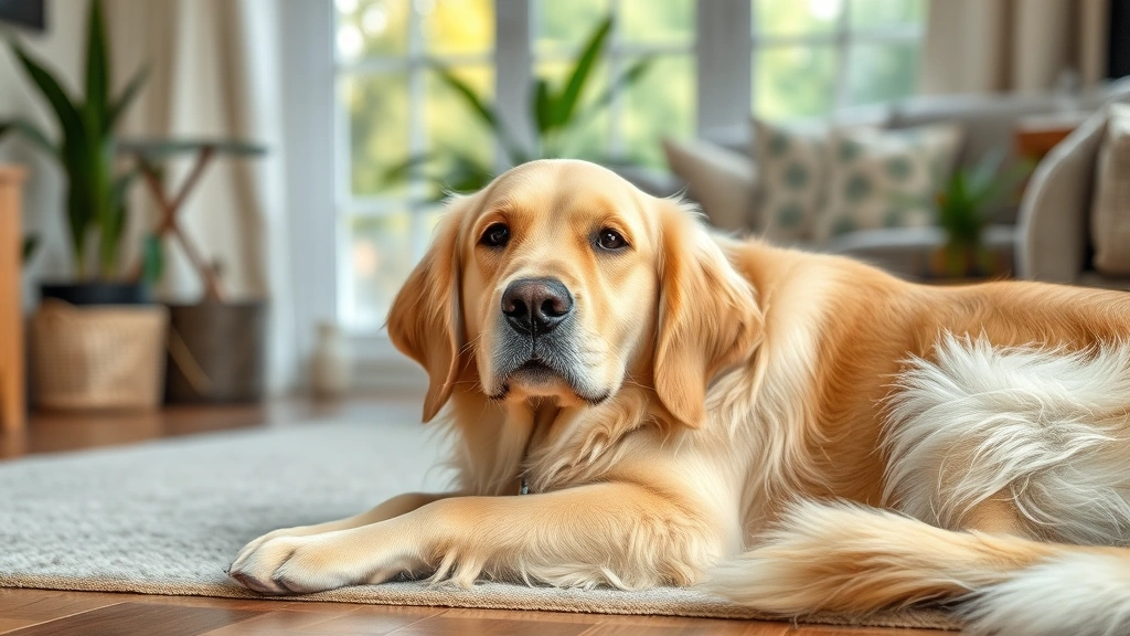 Golden retriever resting calmly indoors in peaceful home environment