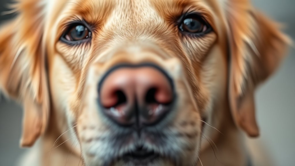 Close up golden retriever dog face with one slightly red irritated eye, natural lighting, veterinary care concept, no text no words no letters