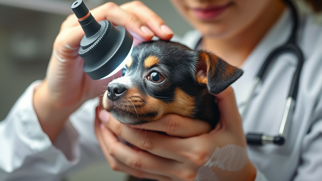 Veterinarian gently examining small dog eye with medical light, professional clinic setting, caring hands, no text no words no letters