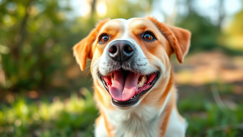 Happy healthy dog outdoors with clear bright eyes, prevention and wellness concept, natural outdoor setting, no text no words no letters