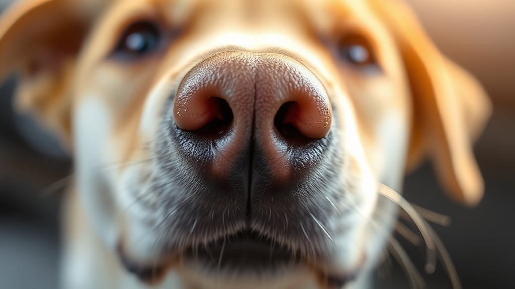 Close up of healthy dog nose with natural moisture, warm lighting, no text no words no letters