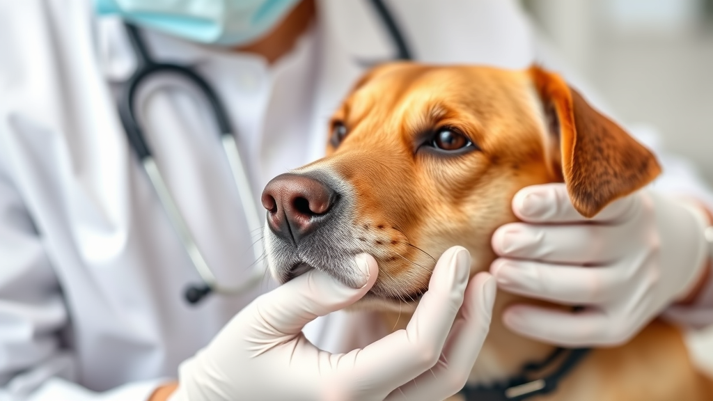 Veterinarian gently examining dog nose with professional care, clinical setting, no text no words no letters