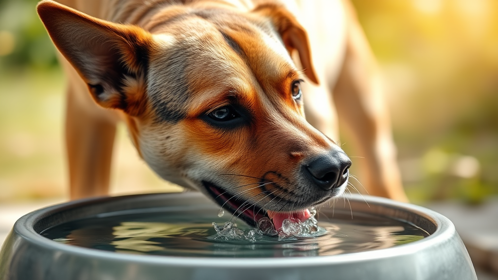 Dog drinking fresh water from bowl maintaining hydration, bright natural setting, no text no words no letters