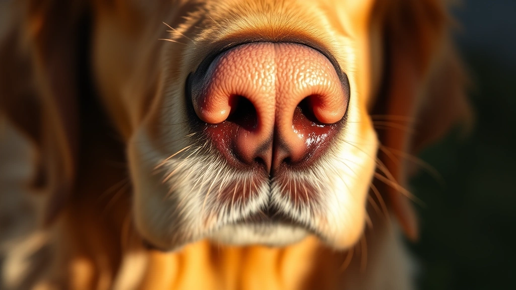 Close-up of a golden retriever's nose showing texture and moisture, warm natural lighting, shallow depth of field