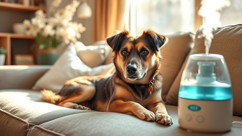 Dog lying on a couch near a humidifier with visible mist, cozy home environment, soft afternoon light streaming through window