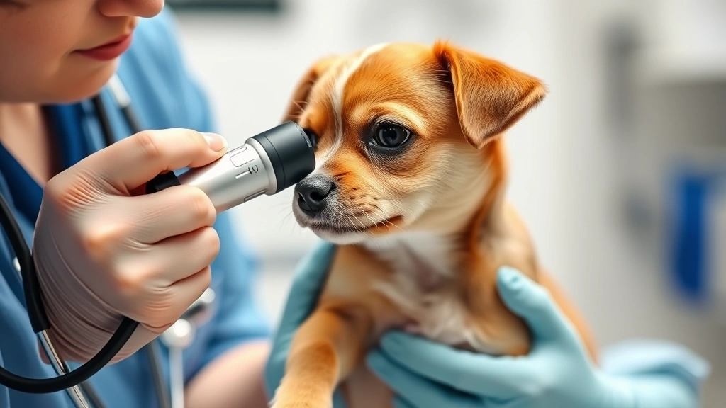 Veterinarian examining a small dog's nose with otoscope, clinical setting, professional medical care, caring hands gently holding pup