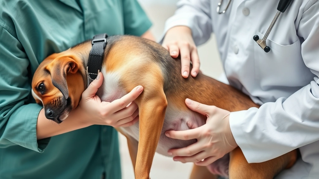 Veterinarian examining dog's abdomen during digestive health assessment