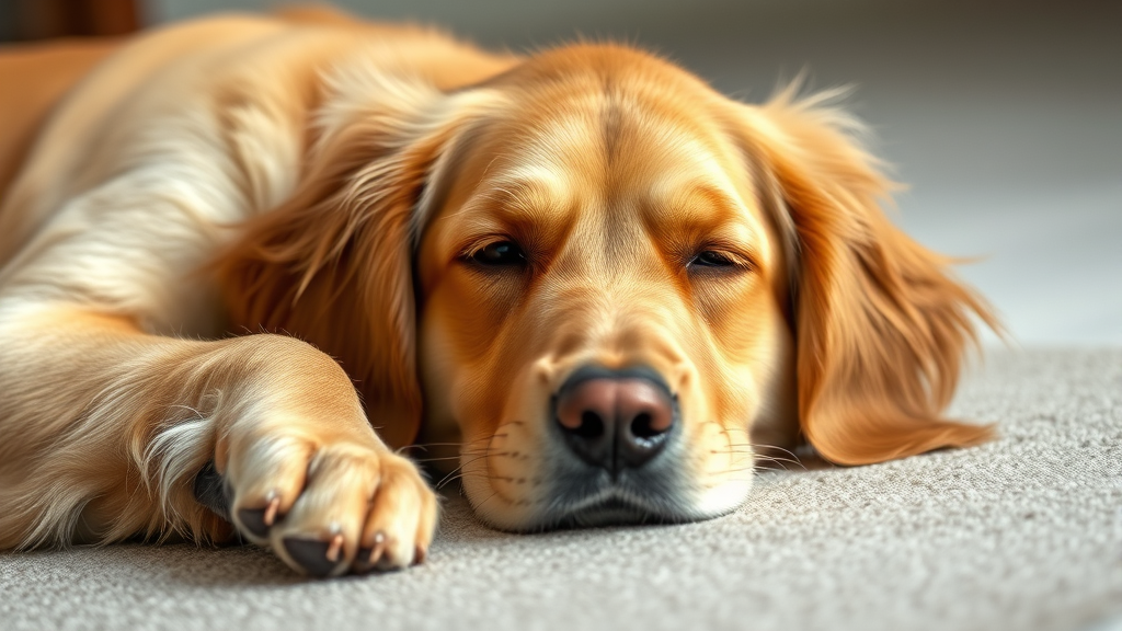 Golden retriever lying peacefully with paws on belly, calm expression, soft natural lighting, no text no words no letters