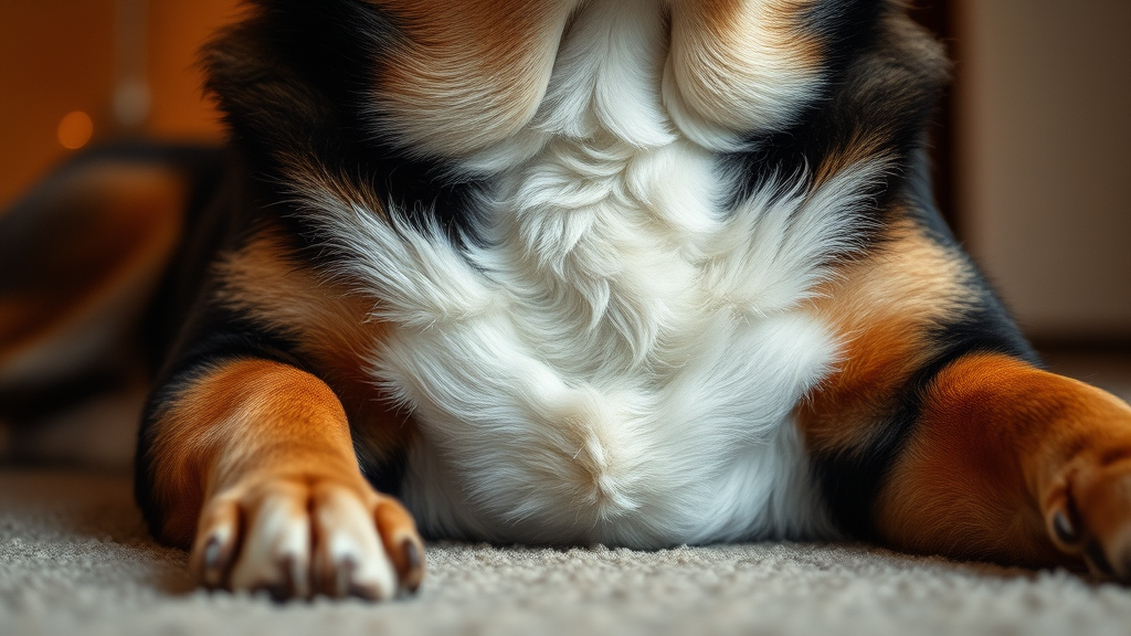 Close up of dog's midsection showing gentle belly area, peaceful resting position, warm indoor lighting, no text no words no letters