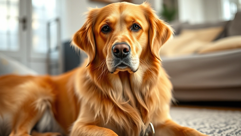 Golden Retriever with upset stomach, holding belly area, concerned expression, warm lighting, home setting