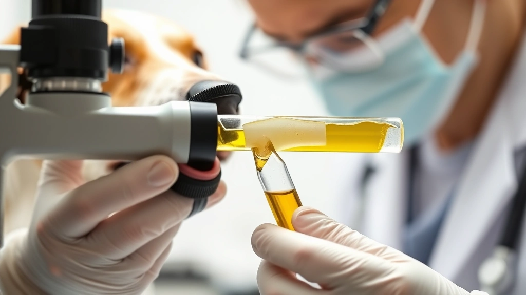 Close-up veterinary examination of yellow bile vomit sample, professional medical setting, diagnostic focus