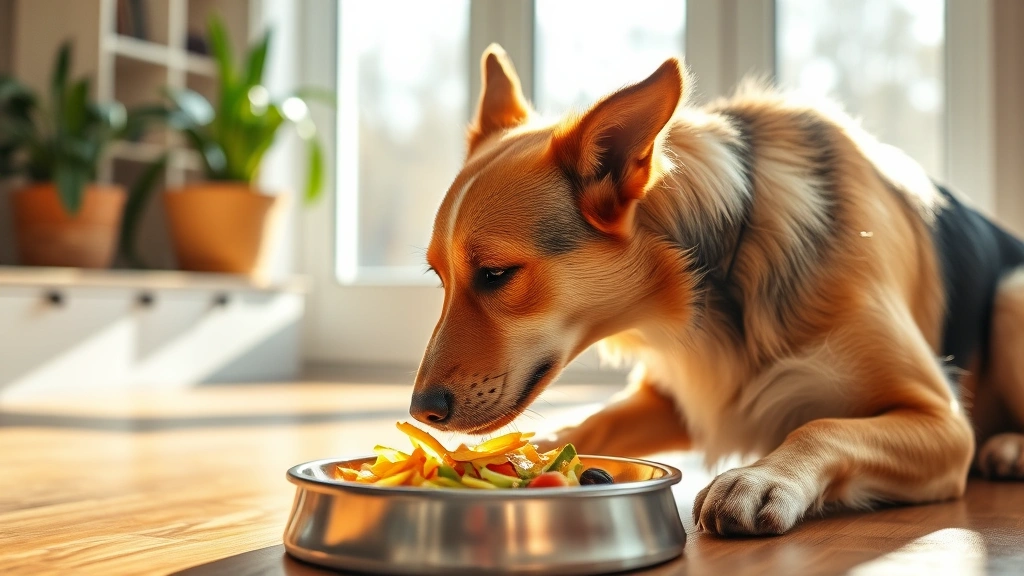 Dog eating from food bowl at home with fresh healthy meal, morning sunlight through window