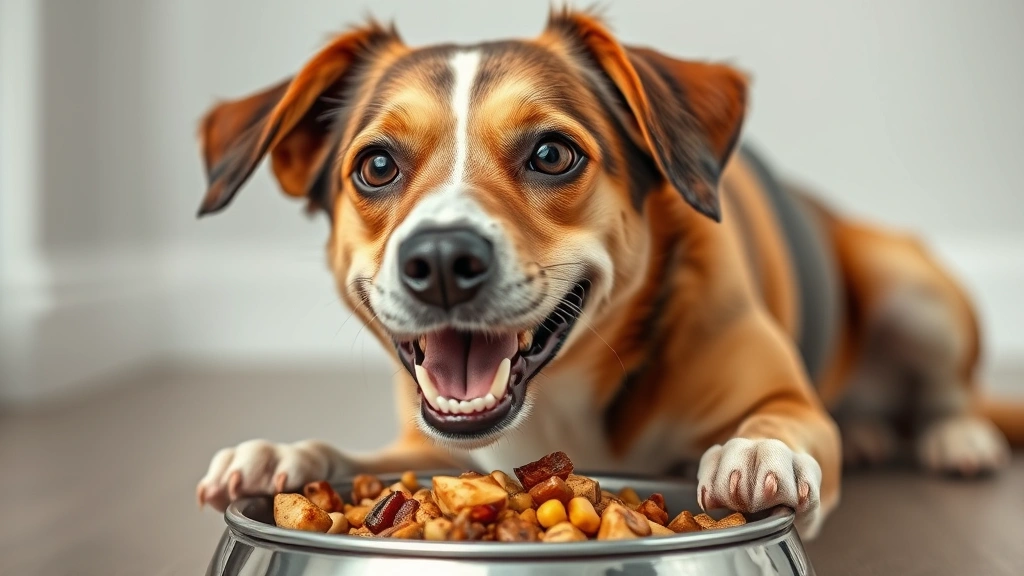 Happy healthy dog eating from bowl, clear bright eyes, alert posture, balanced nutrition representation