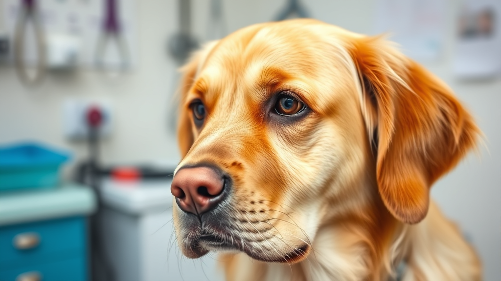 Close up golden retriever with one red irritated eye looking concerned, veterinary examination table background, no text no words no letters