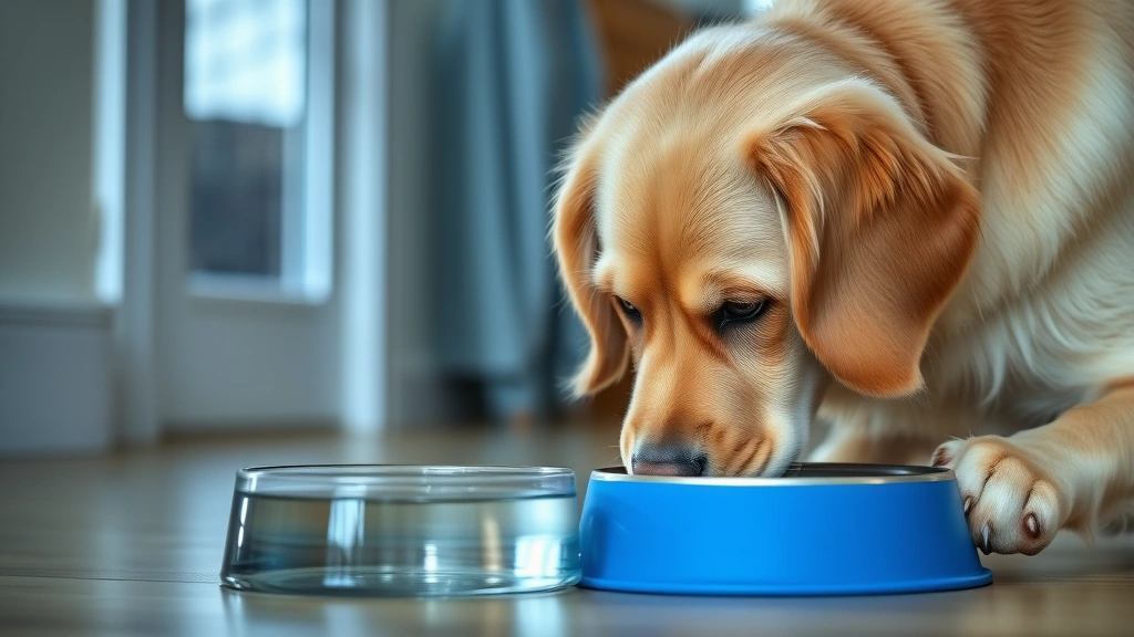 Golden Retriever dog refusing to drink from water bowl, looking away, indoors with natural lighting, sad expression