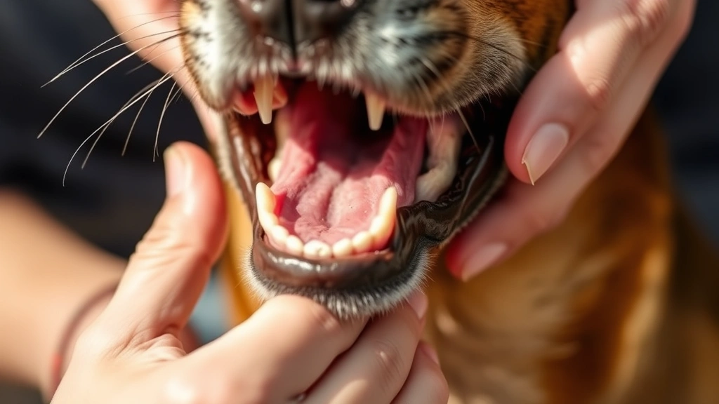 Close-up of dog's mouth and gums being gently examined by owner's hands, showing dehydration signs, natural daylight