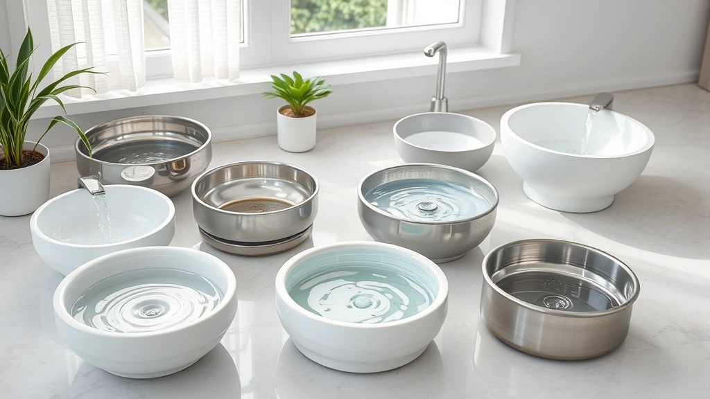 Multiple water bowls of different materials placed throughout a bright home, ceramic stainless steel plastic, fresh clean water