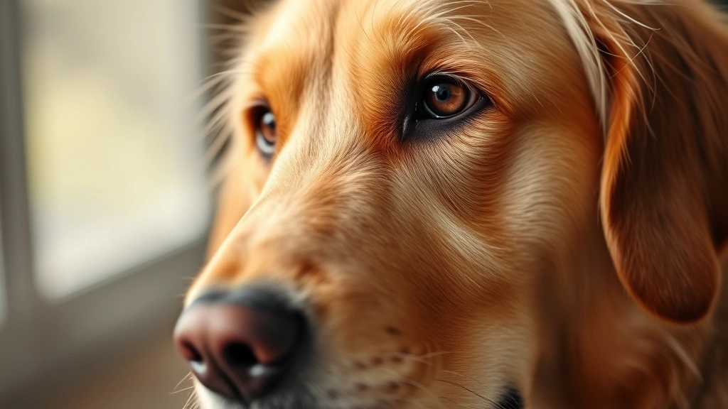 Close-up of a golden retriever's face showing concerned expression, soft natural lighting, shallow depth of field, warm tones