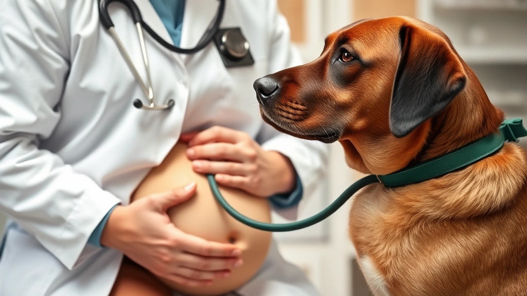 Veterinarian in white coat examining a labrador retriever's abdomen with stethoscope, clinical but warm setting, professional medical environment