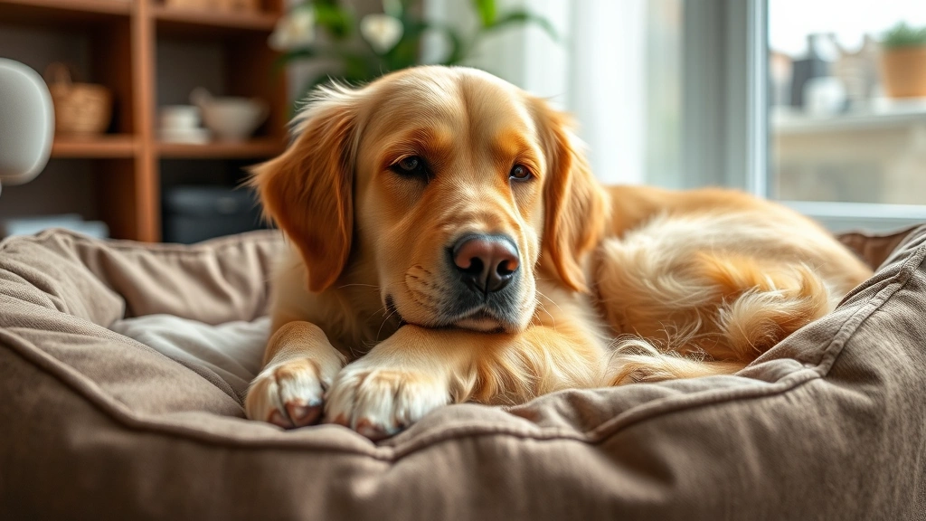 Golden retriever resting on comfortable dog bed indoors, peaceful and calm expression, soft home lighting, cozy domestic setting