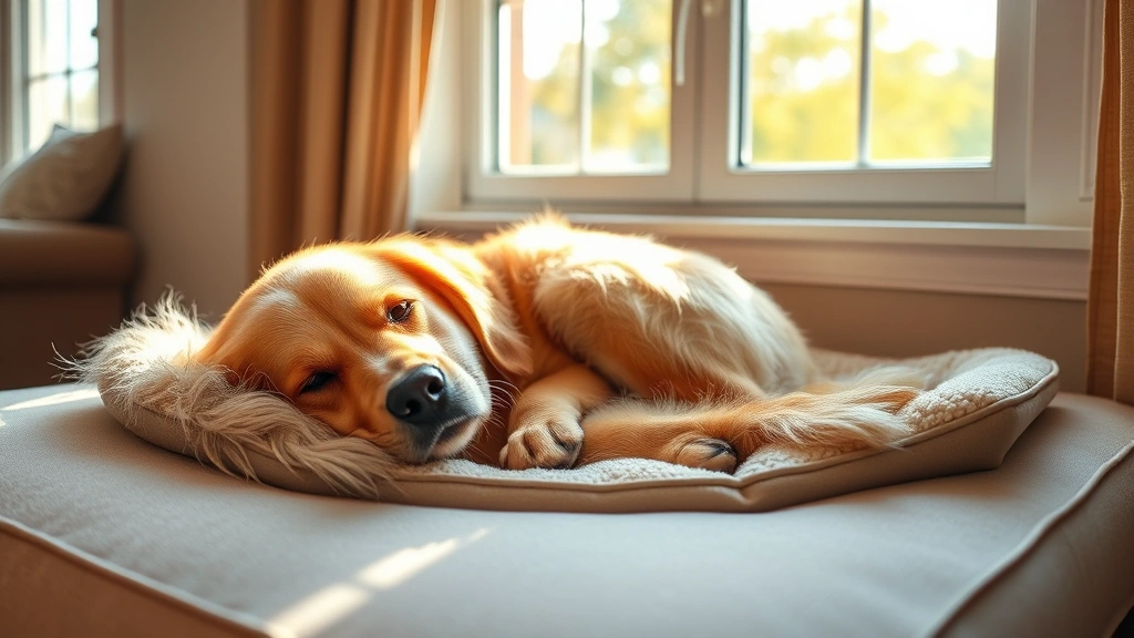Golden retriever resting peacefully on a soft orthopedic bed by a sunny window, relaxed expression, warm lighting, comfortable home setting