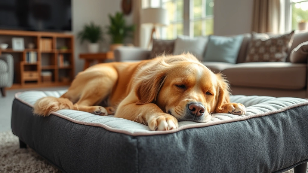 Senior golden retriever resting peacefully on a soft orthopedic bed in a calm, sunlit living room with comfortable surroundings