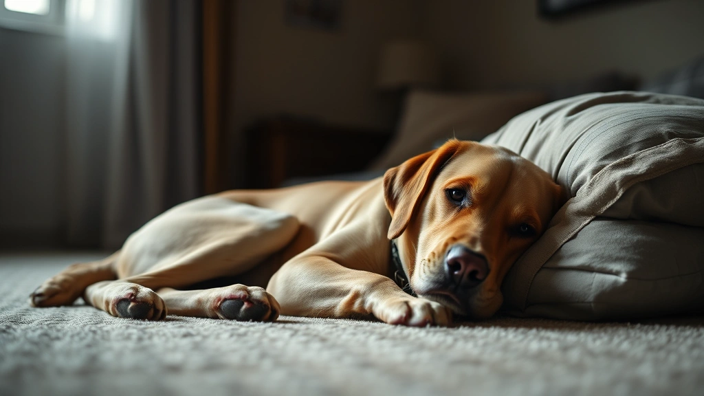 Elderly labrador lying down in a quiet, dimly lit room with supportive cushions and blankets, serene atmosphere, peaceful posture