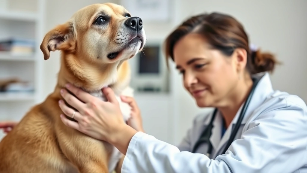 Veterinarian gently examining an older dog's chest with stethoscope, compassionate clinical setting with soft lighting and calm interaction