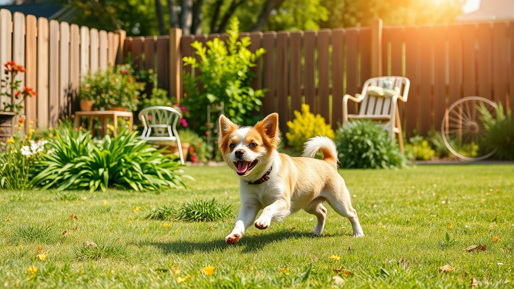 Small dog playing in backyard garden with secure fence, sunny day, photorealistic domestic scene, pet safety emphasis