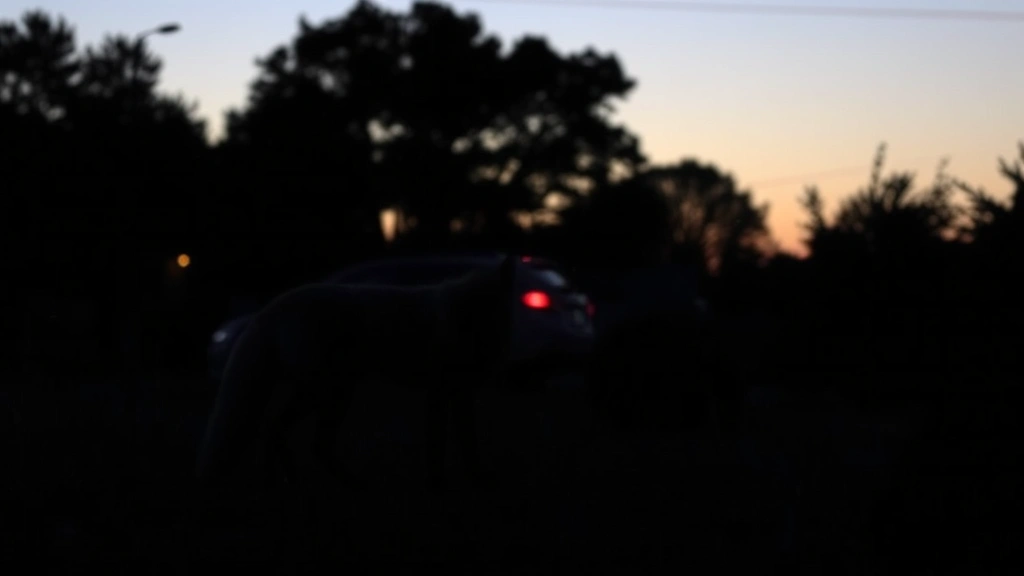 Fox silhouette at dusk near residential area, cautious body language, trees and brush in background, twilight lighting conditions