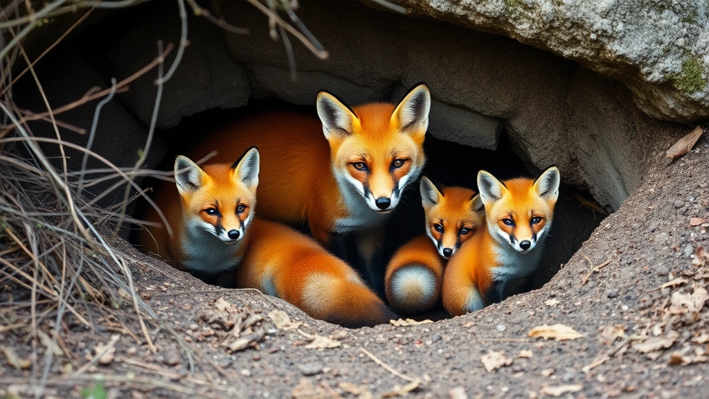 Fox family with kits in natural den area surrounded by brush and earth, photorealistic wildlife scene, natural habitat