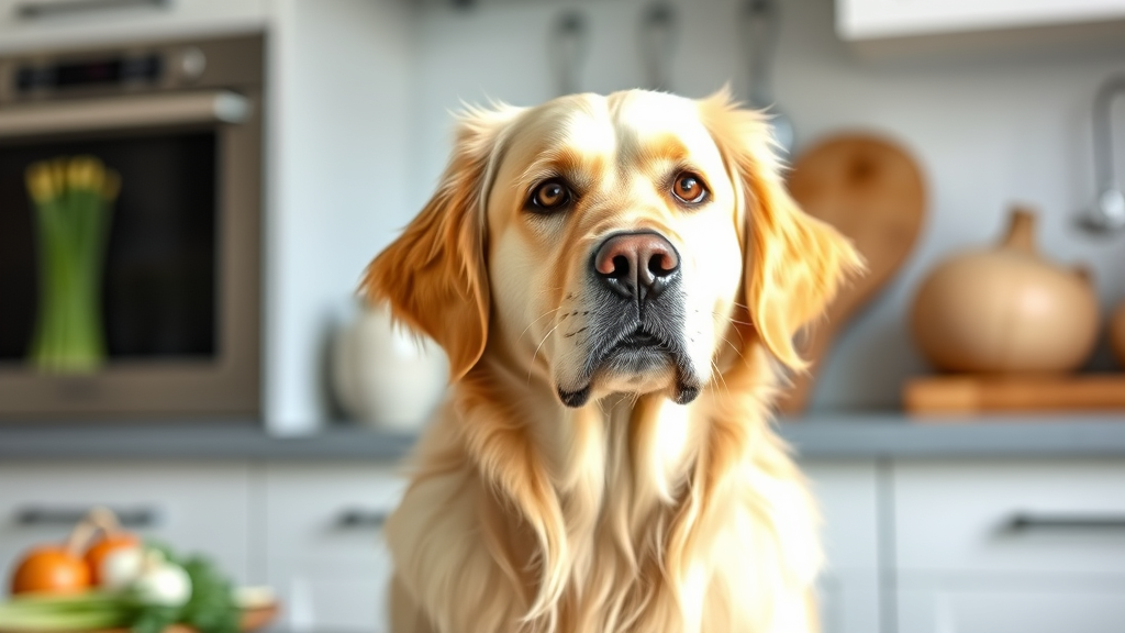 Golden retriever looking concerned with onions in background, kitchen setting, natural lighting, no text no words no letters