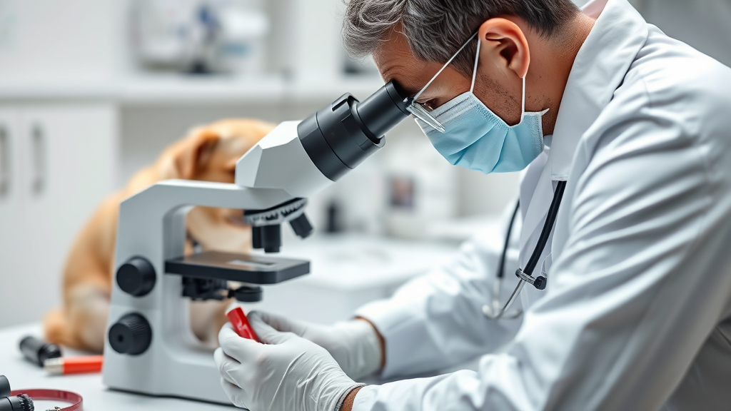 Veterinarian examining dog blood sample under microscope, medical equipment, professional setting, no text no words no letters