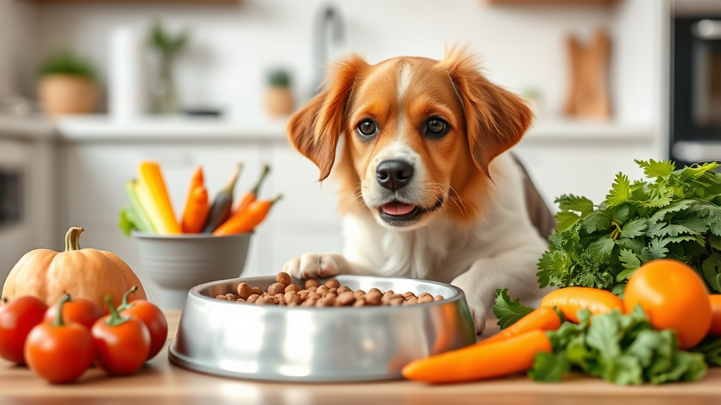 Dog food bowl with safe vegetables, healthy pet nutrition, bright kitchen counter, no text no words no letters